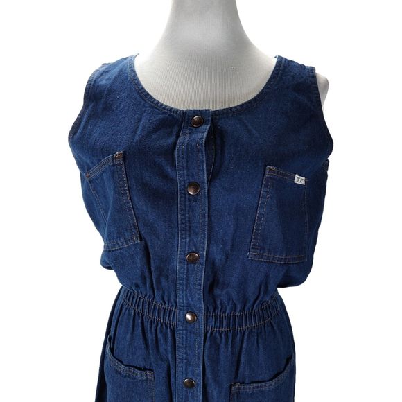 Vintage 90s Blue Utility Jumpsuit Size S/M Denim Sleeveless Pockets Straight Leg - Picture 5 of 10